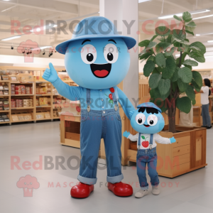 Sky Blue Cherry mascot costume character dressed with a Mom Jeans and Suspenders