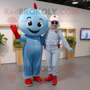 Sky Blue Cherry mascot costume character dressed with a Mom Jeans and Suspenders