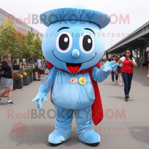 Sky Blue Cherry mascot costume character dressed with a Mom Jeans and Suspenders