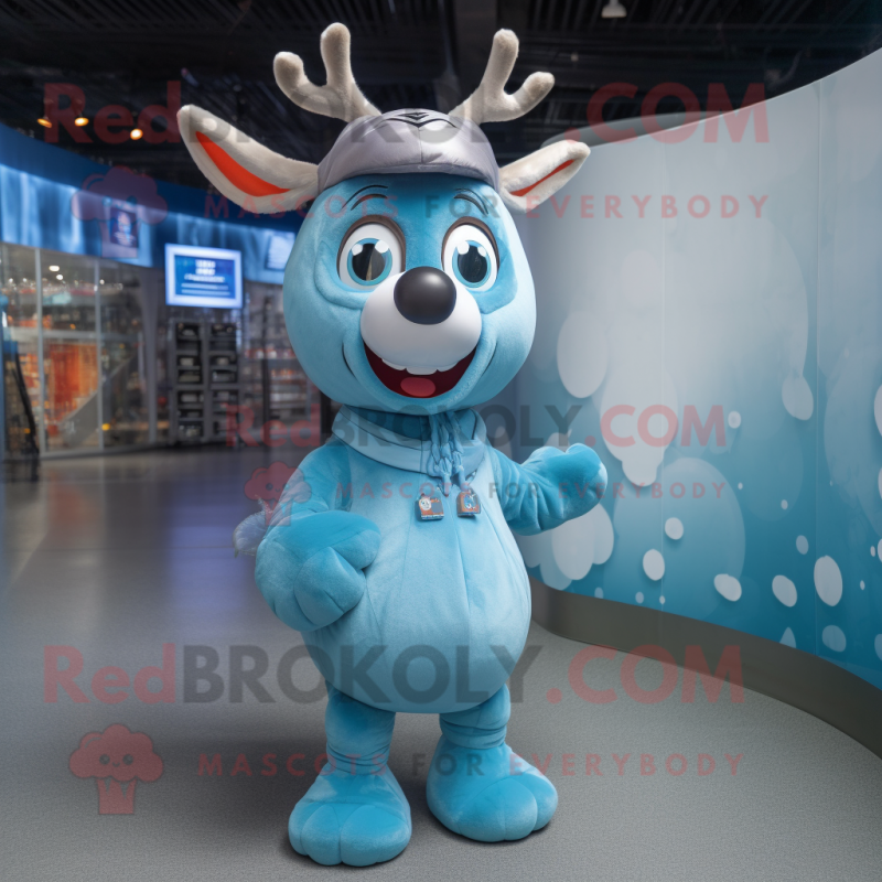 Sky Blue Reindeer mascot costume character dressed with a Romper and Hats Sky Blue Reindeer mascot costume character dressed with a Romper and Hats