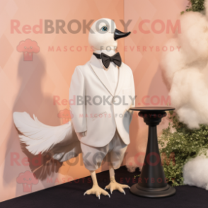 Beige Pigeon mascot costume character dressed with a Tuxedo and Hairpins