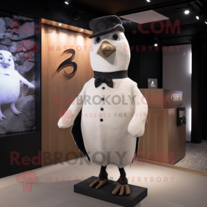 Beige Pigeon mascot costume character dressed with a Tuxedo and Hairpins