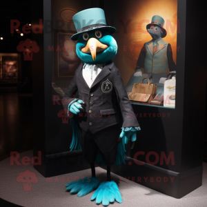 Teal Crow mascot costume character dressed with a Suit Pants and Coin purses