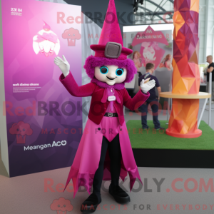 Maskotfigur af en magenta...
