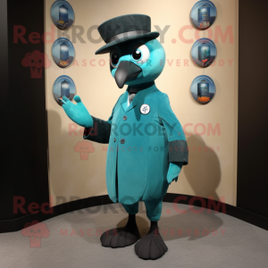 Teal Crow mascot costume character dressed with a Suit Pants and Coin purses