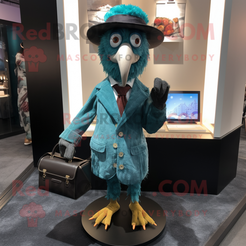 Teal Crow mascot costume character dressed with a Suit Pants and Coin purses