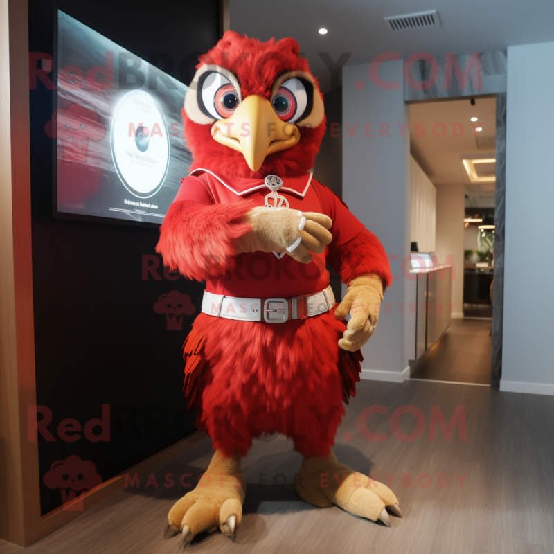 Red Eagle mascot costume character dressed with a Wrap Skirt and Smartwatches Red Eagle mascot costume character dressed with a Wrap Skirt and Smartwatches