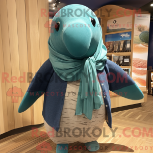 Maskotfigur af en blågrøn...