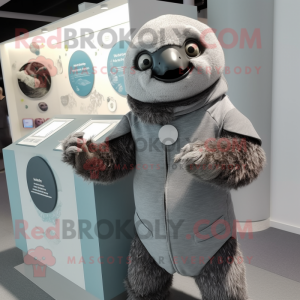Gray Sloth mascot costume character dressed with a Turtleneck and Brooches
