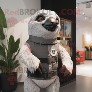 Gray Sloth mascot costume character dressed with a Turtleneck and Brooches