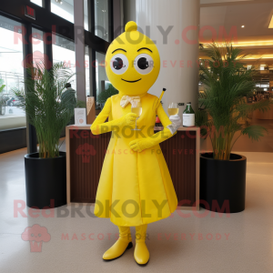 Lemon Yellow But mascot costume character dressed with a Cocktail Dress and Rings