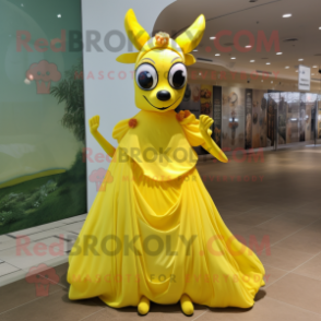 Lemon Yellow Deer mascot costume character dressed with a Maxi Skirt and Shoe laces