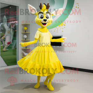 Lemon Yellow Deer mascot costume character dressed with a Maxi Skirt and Shoe laces