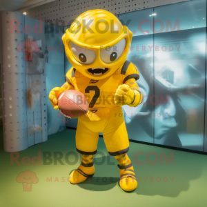 Yellow American Football Helmet mascot costume character dressed with a Playsuit and Bow ties