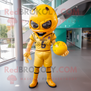 Yellow American Football Helmet mascot costume character dressed with a Playsuit and Bow ties