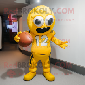 Yellow American Football Helmet mascot costume character dressed with a Playsuit and Bow ties