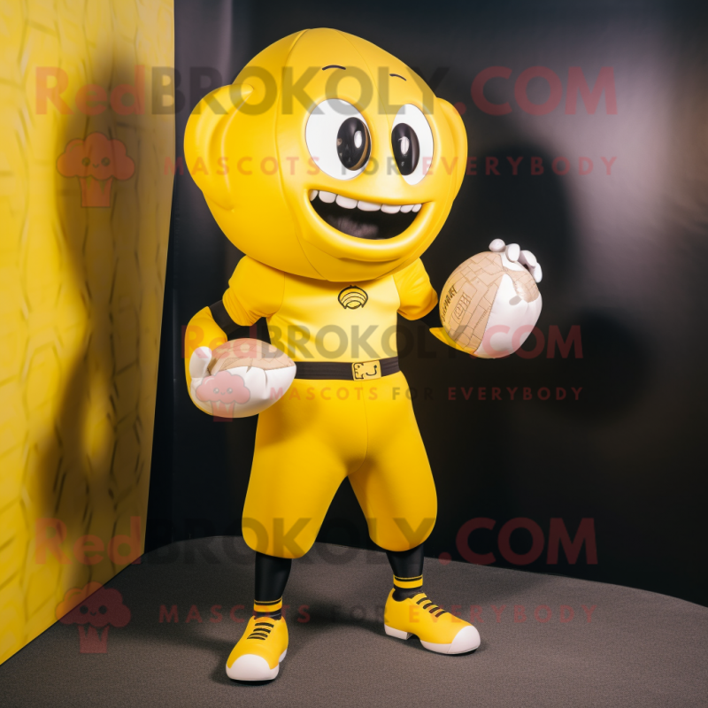 Yellow American Football Helmet mascot costume character dressed with a Playsuit and Bow ties