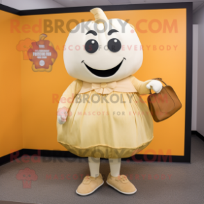 Cream Pumpkin mascot costume character dressed with a Sheath Dress and Coin purses