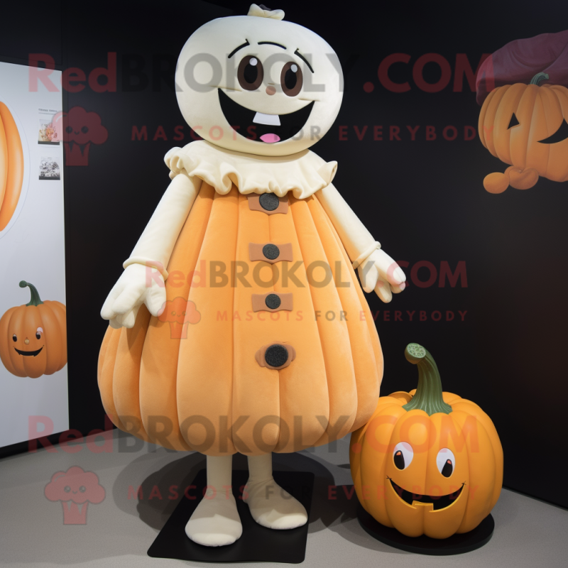 Cream Pumpkin mascot costume character dressed with a Sheath Dress and Coin purses Cream Pumpkin mascot costume character dressed with a Sheath Dress and Coin purses