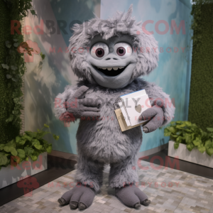 Gray Love Letter mascot costume character dressed with a Romper and Clutch bags