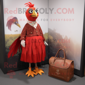 Red Pheasant mascot costume character dressed with a Skirt and Messenger bags