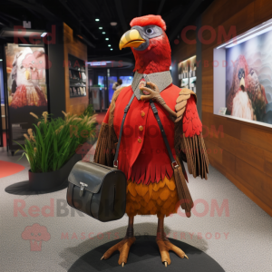 Red Pheasant mascot costume character dressed with a Skirt and Messenger bags