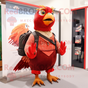 Red Pheasant mascot costume character dressed with a Skirt and Messenger bags