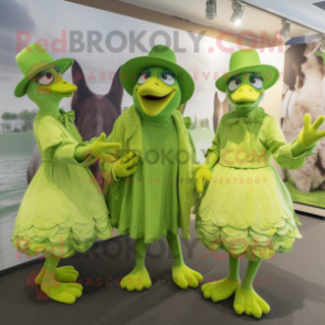 Lime Green Hens mascot costume character dressed with a Wrap Dress and Hats