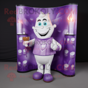 Purple Scented Candle mascot costume character dressed with a V-Neck Tee and Wallets