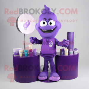 Purple Scented Candle mascot costume character dressed with a V-Neck Tee and Wallets