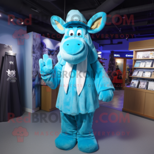 Sky Blue Moose mascot costume character dressed with a Cover-up and Hat pins