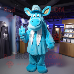 Sky Blue Moose mascot costume character dressed with a Cover-up and Hat pins