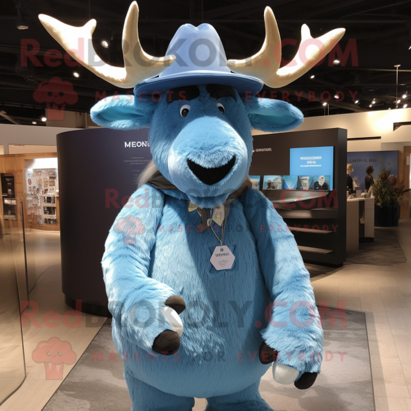 Sky Blue Moose mascot costume character dressed with a Cover-up and Hat pins