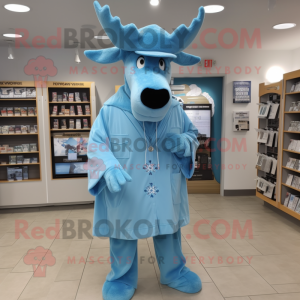 Sky Blue Moose mascot costume character dressed with a Cover-up and Hat pins
