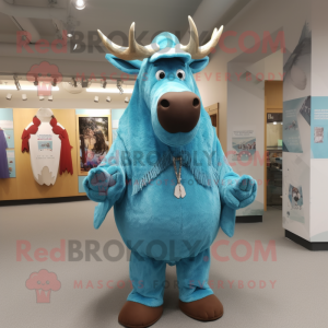 Sky Blue Moose mascot costume character dressed with a Cover-up and Hat pins