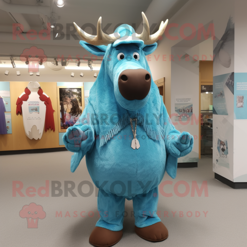 Sky Blue Moose mascot costume character dressed with a Cover-up and Hat pins Sky Blue Moose mascot costume character dressed with a Cover-up and Hat pins