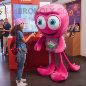 Magenta Squid mascot costume character dressed with a Denim Shorts and Coin purses