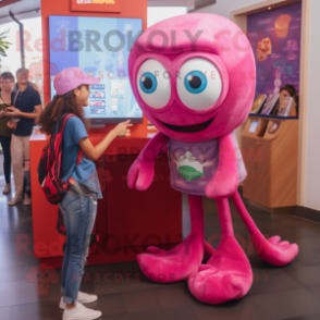 Magenta Squid mascot costume character dressed with a Denim Shorts and Coin purses