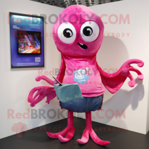 Magenta Squid mascot costume character dressed with a Denim Shorts and Coin purses