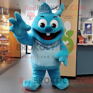 Maskotkarakter af en cyan...