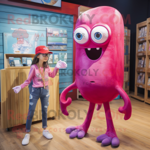 Magenta Squid mascot costume character dressed with a Denim Shorts and Coin purses