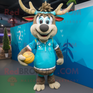 Turquoise Reindeer mascot costume character dressed with a Rugby Shirt and Hair clips