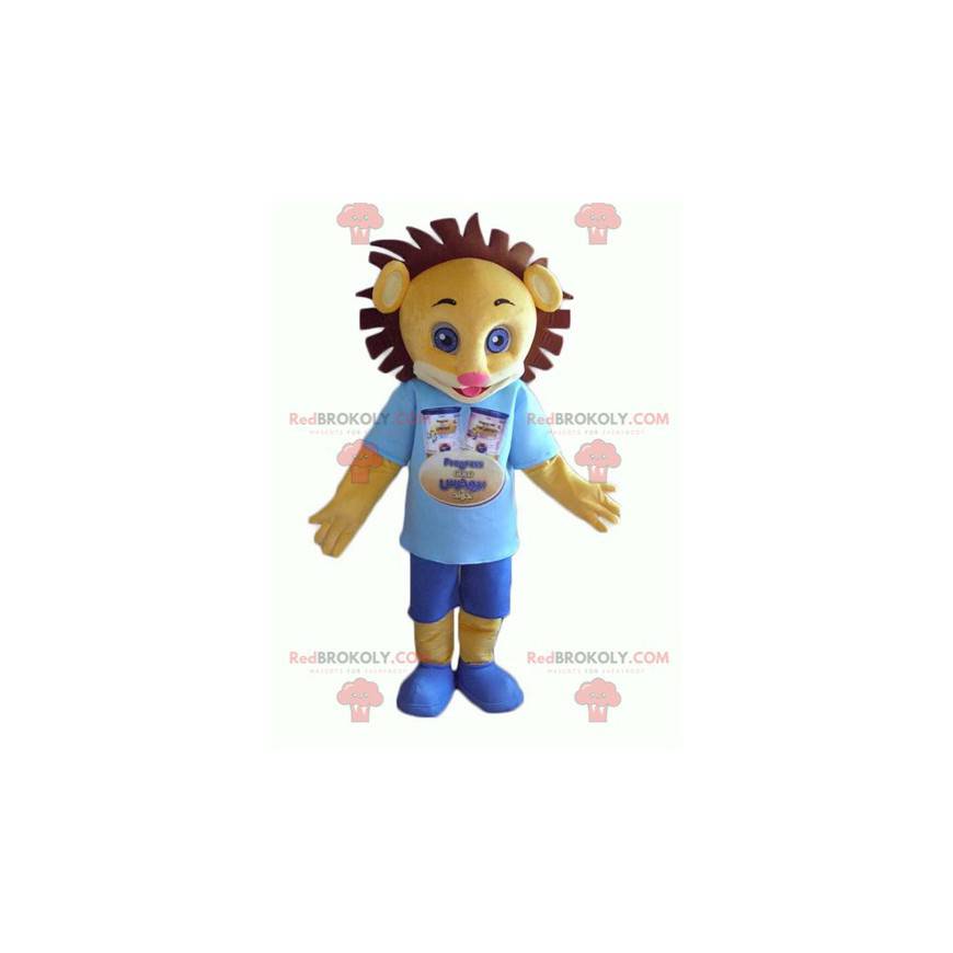 Mascot yellow and brown lion cub in blue outfit - Redbrokoly.com