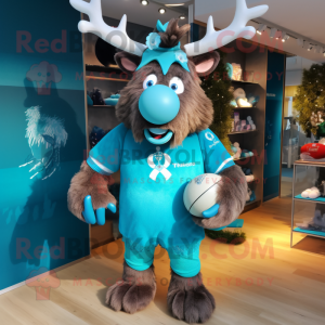 Turquoise Reindeer mascot costume character dressed with a Rugby Shirt and Hair clips