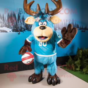 Turquoise Reindeer mascot costume character dressed with a Rugby Shirt and Hair clips