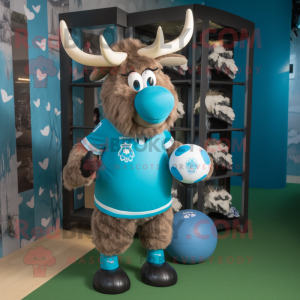 Turquoise Reindeer mascot costume character dressed with a Rugby Shirt and Hair clips
