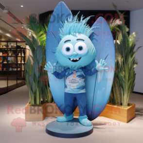 Blue Surfboard mascot costume character dressed with a Shorts and Hairpins
