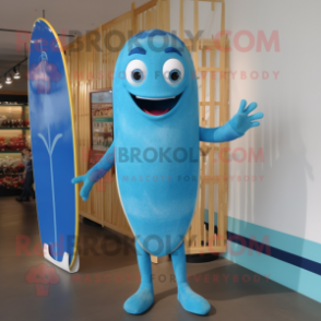 Blue Surfboard mascot costume character dressed with a Shorts and Hairpins