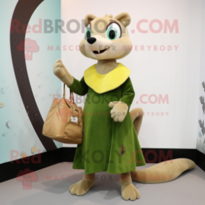 Olive Weasel mascot costume character dressed with a Shift Dress and Handbags