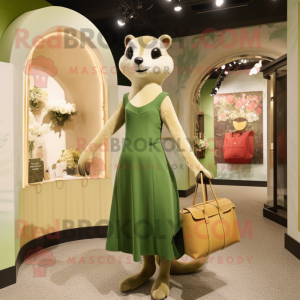 Olive Weasel mascot costume character dressed with a Shift Dress and Handbags